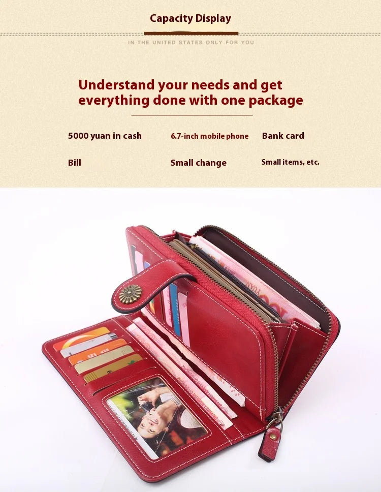 Fashionable new hollow out coin purse for women's oily leather phone bag, long zipper handbag,coin bag Triple fold ladies wallet