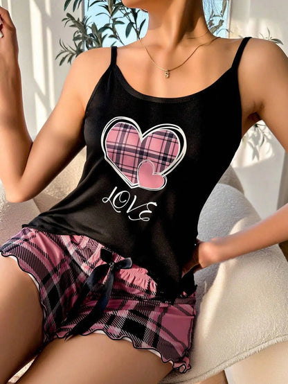Frauen Sexy Hosenträger Shorts Dünne Pyjamas Brief Drucken Plaid Shorts Große Pyjamas Romantische Hause Tragen Sexy Nachtwäsche Kurze Pyjama.
