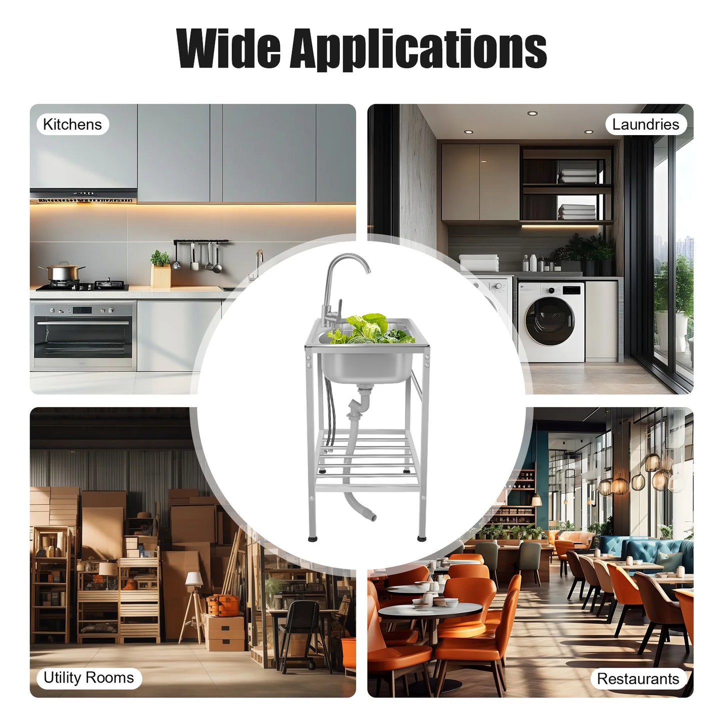Edelstahl-Waschbecken mit Korb, einzelne Schüssel, kommerzielles Waschbecken, freistehendes Kalt- und Warmwasserhahn-Waschbecken für Küchen, Waschräume, Bars