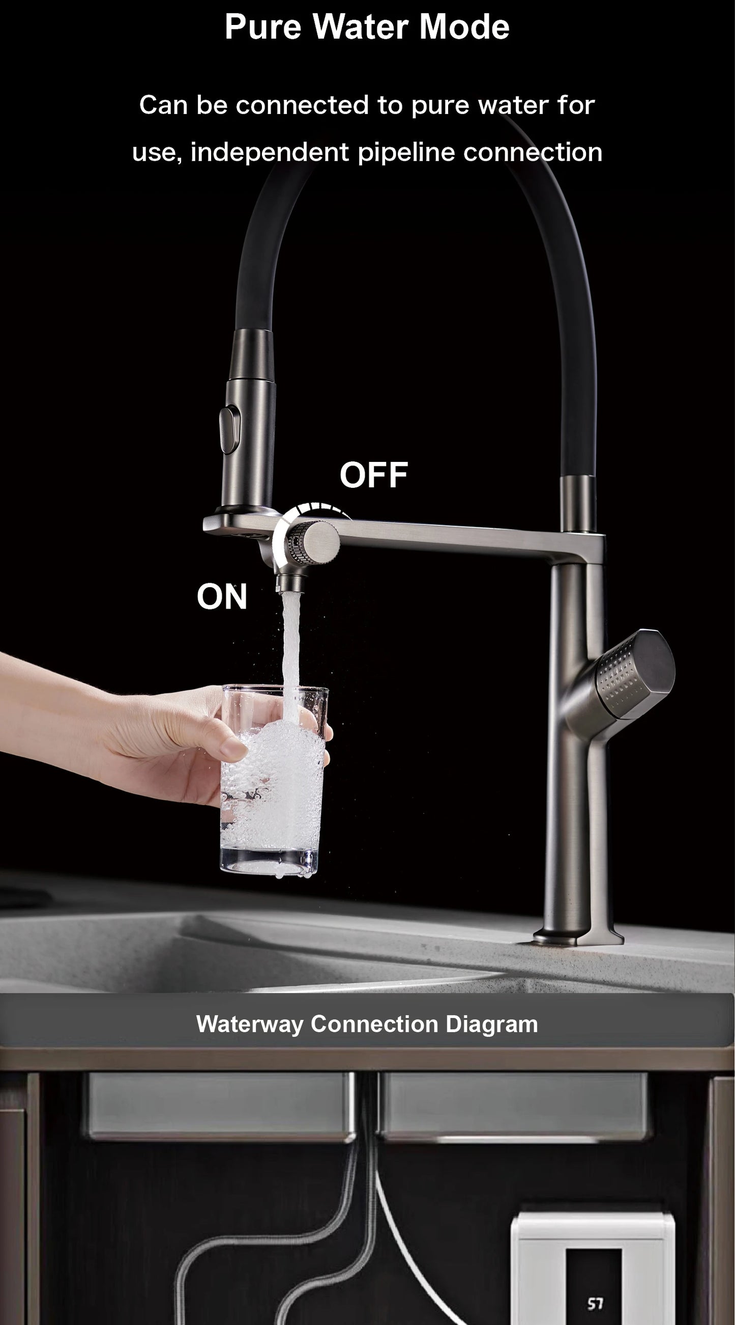 AITANA Luxury Brass Gun Grey Pull out 2-Function Kitchen Faucet Single Handle Cold and Hot Water Pure Water Design Sink Tap