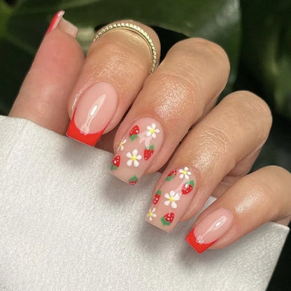 24pcs/box Glossy Short Square Fake Nails Colorful French Tip Press On Nails Flower Pattern Spring Summer False Nails For Women