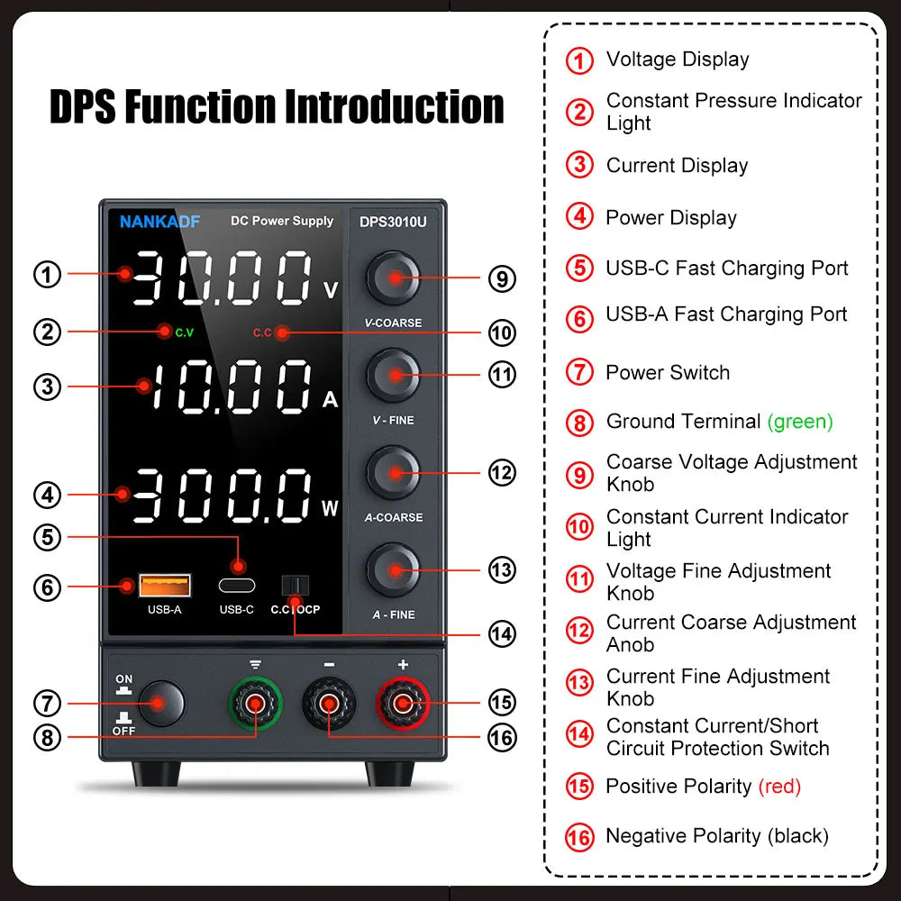 NANKADF DC laboratory power supply 30V 10A bench power supply encoder regulates voltage and current Dual input voltage 220V/110V.
