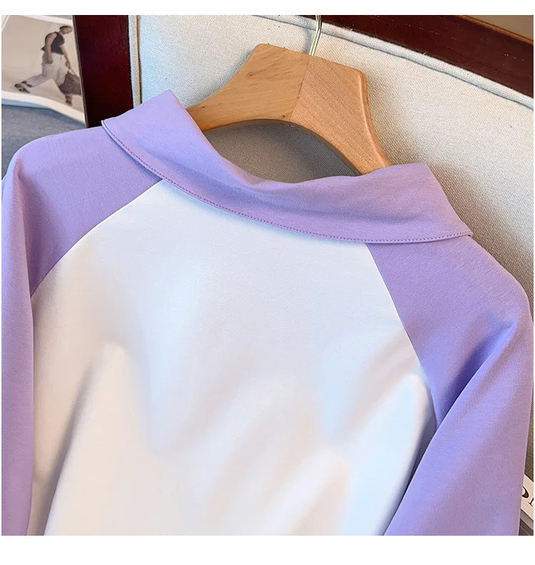170kg plus size Damen büste Frühling Herbst loser Polo kragen kontrastieren des Sweatshirt schwarz lila 4xl 5xl 6xl 7xl 8xl 9xl