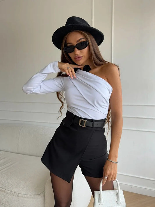 Women's One Shoulder Fit Sexy Night Club Blouse Top Women's Long Sleeve Fitted Elegant With Open Shoulder And Draping Shirt Top.