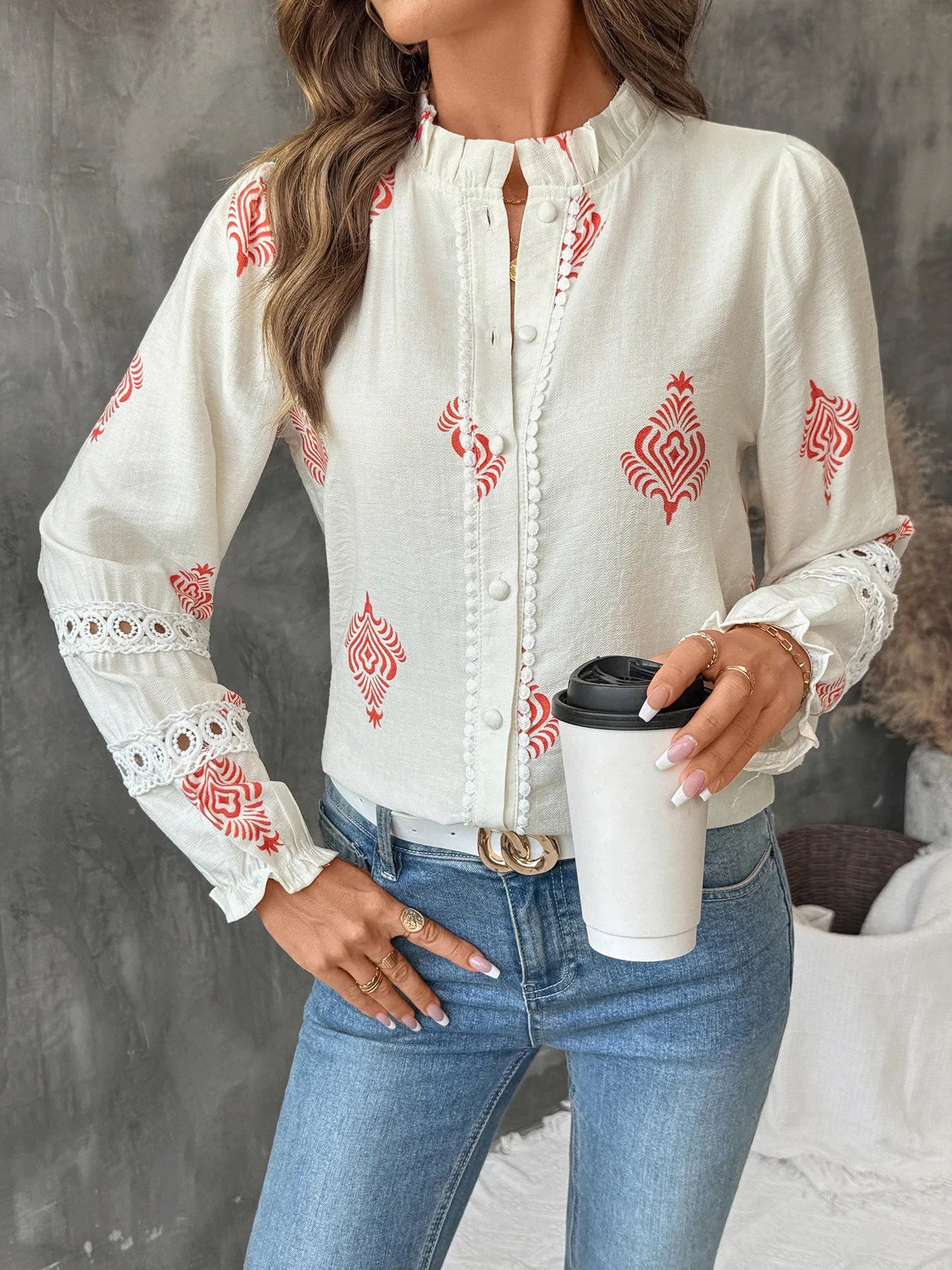 Women's Printed Casual Trendy Stand Collar Single-breasted Loose Shirts European New Fashion Female Ethnic Clothes Tops Cardigan.