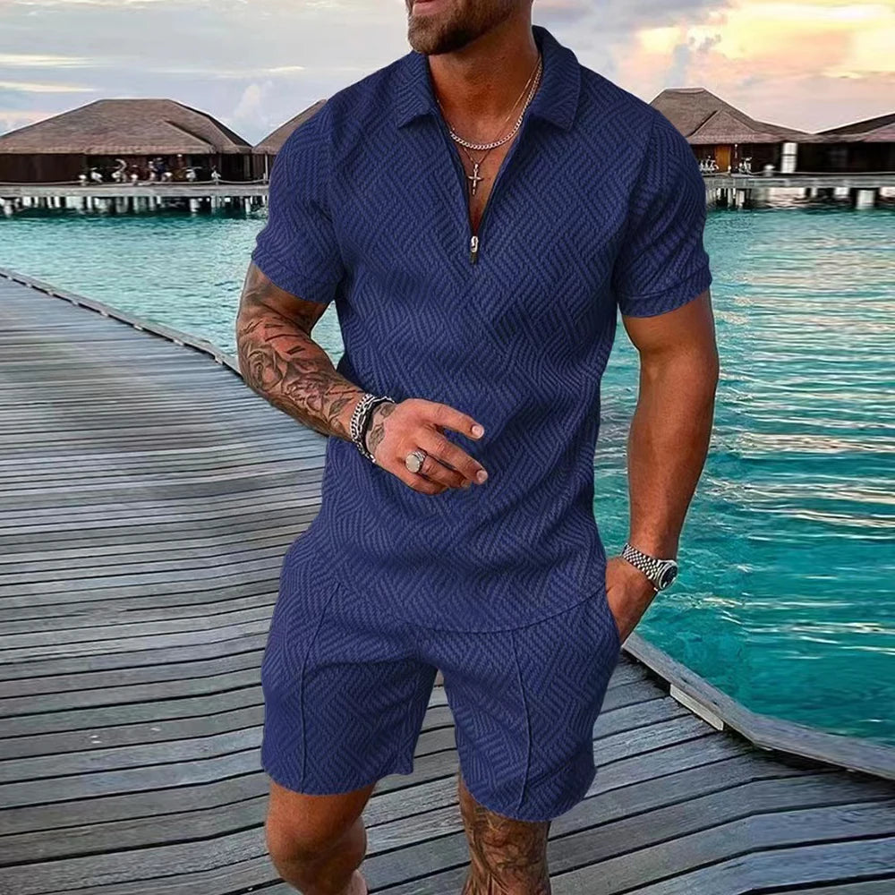 Casual Mesh Lapel short-sleeved Pullover + Shorts Solid Thin Sportswear set, Black suit, men's Sportswear T-shirt Set.