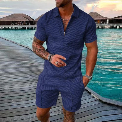 Casual Mesh Lapel short-sleeved Pullover + Shorts Solid Thin Sportswear set, Black suit, men's Sportswear T-shirt Set.