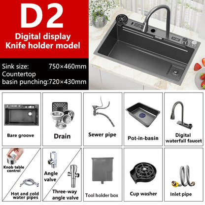 Edelstahl Küchen spüle Digital anzeige großes Single Slot hotel Multifunktion waschbecken mit Wasserfall Wasserhahn Wohnung