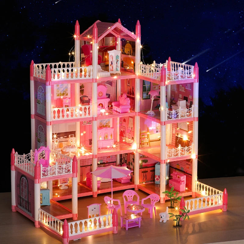 Girls Toddler Doll House - Large Doll House with 4 Dolls, Furniture, Accessories, LED Lights, 4 Stories Princess Dream House Toy.