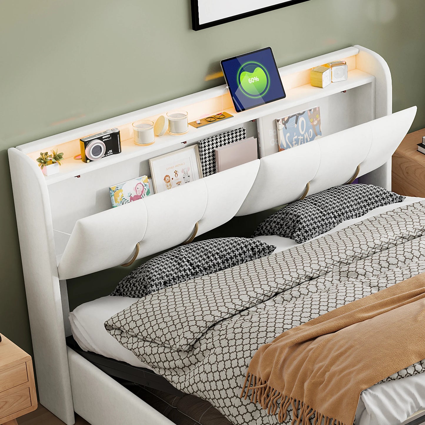 Lazy space Samt gepolsterter Bett rahmen mit RGB-Licht, USB-Anschluss Kopfteil, hydraulische Aufbewahrung sbett box, Doppelbett 140/x cm