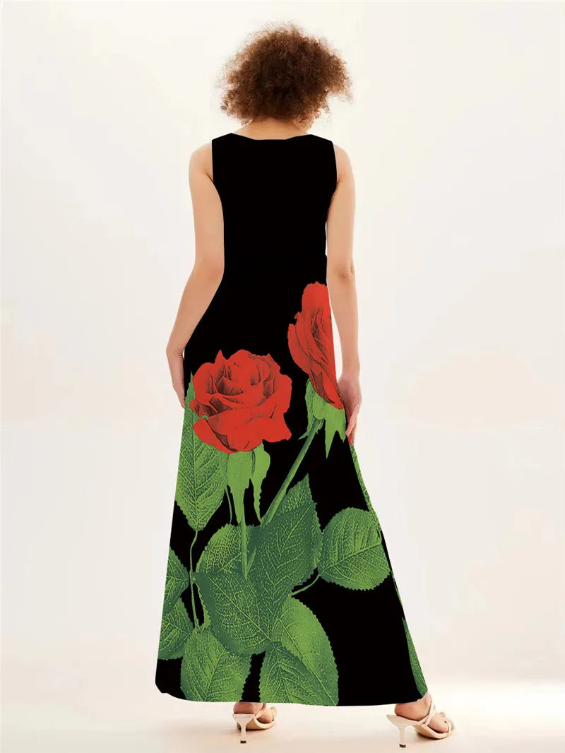 Rote Rose Druck Langes Kleid Für Frauen Sommer Casual Strand Party Robe Sexy Ärmellose V-ausschnitt Taschen Maxi Kleid Damen Kleidung.