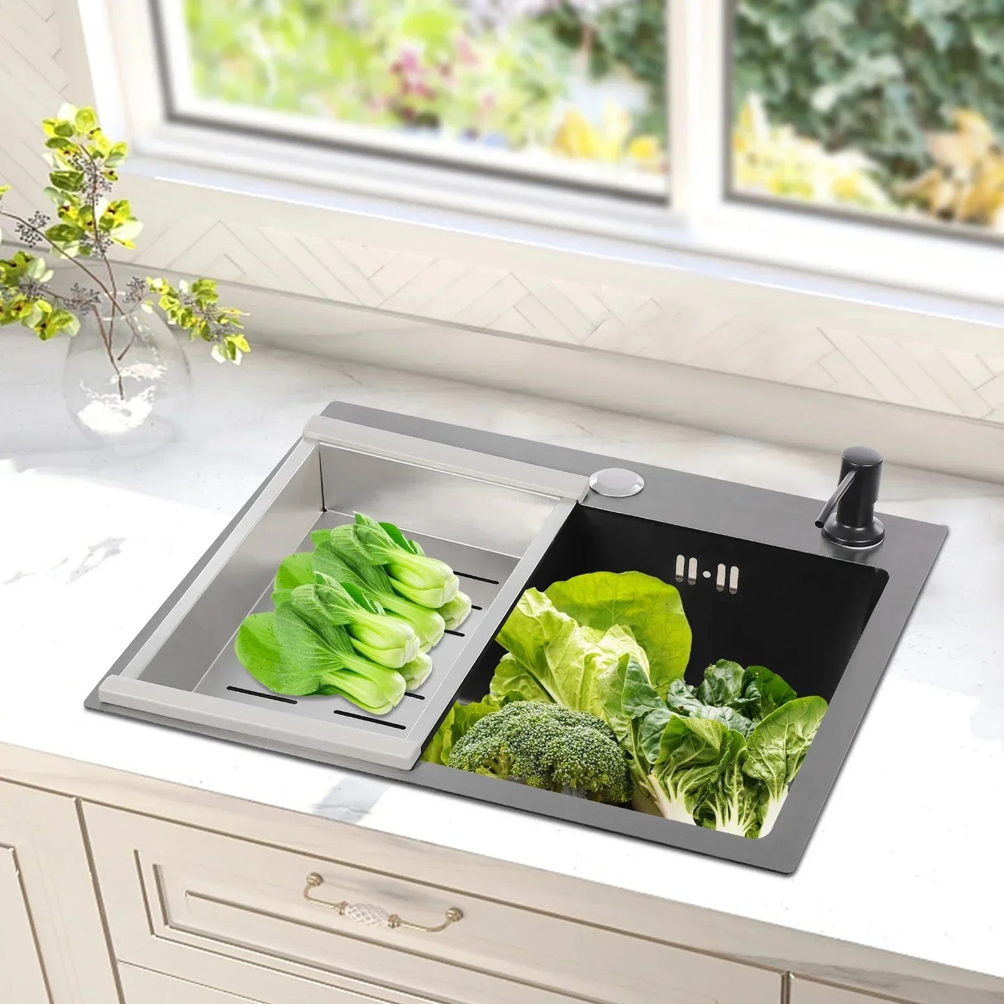 Küchenspüle aus Edelstahl 201 mit Wasserhahn, Seifenspender für Häuser, Restaurants, Wäschezimmer, Keller, 45 x 40 x 20 cm