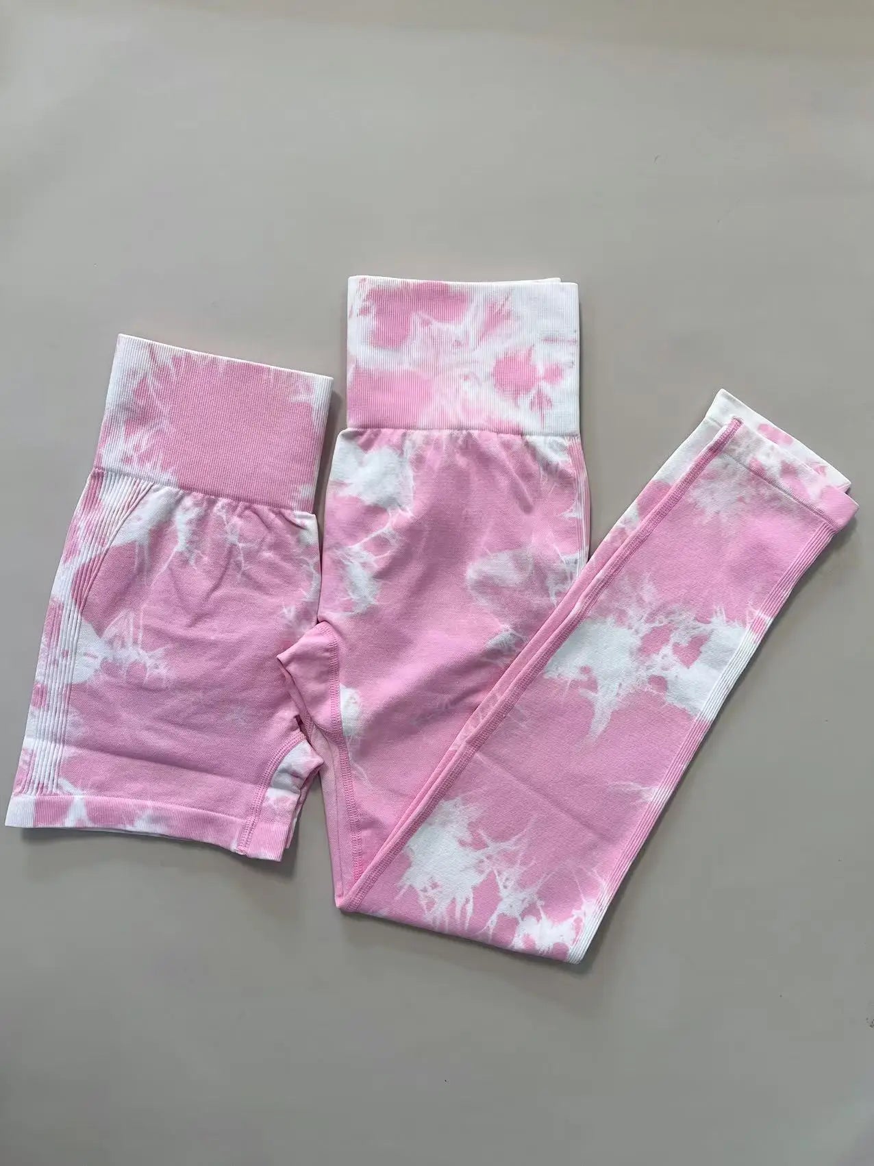 2 PCS Women Athletic Gym Leggings + Shorts Tie Dye Sports Workout Yoga Tights Butt Lifting Scrunch High Waist Yoga Pants.