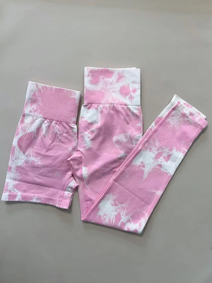2 PCS Women Athletic Gym Leggings + Shorts Tie Dye Sports Workout Yoga Tights Butt Lifting Scrunch High Waist Yoga Pants.