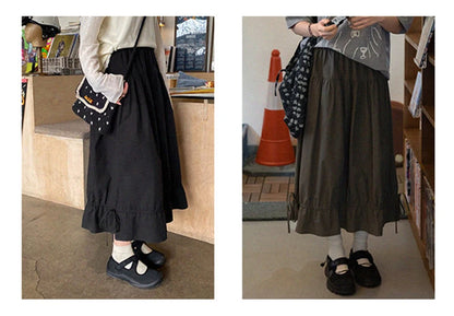 Vintage Black Midi Skirt Women Japanese Harajuku Drawstring Bud Skirts Summer Streetwear Korean Casual Design A Line Faldas New
