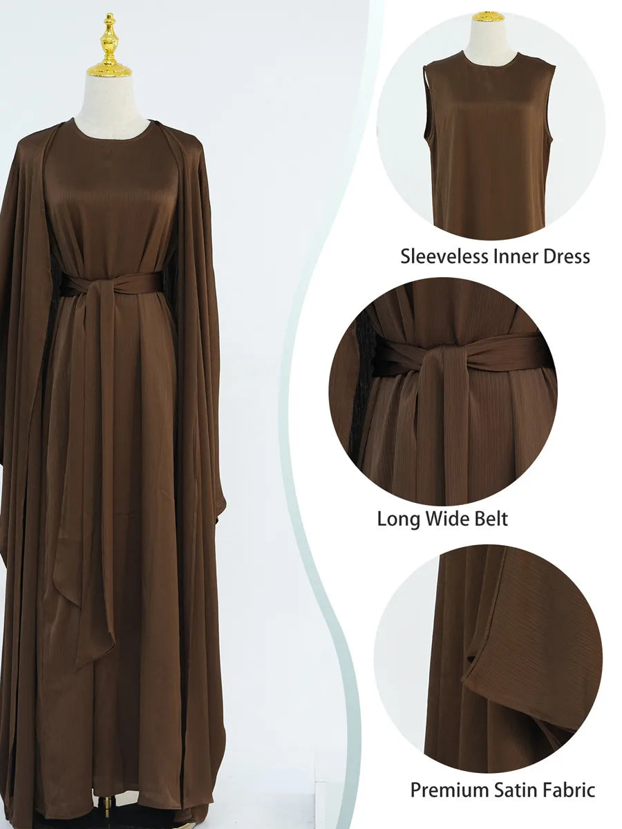 Muslim Turkish Women Arabic Dubai Abaya Long Dress Modest Ramadan Robe Liner Dress Kaftan Two-Piece Set Femme Islam Clothing Set.