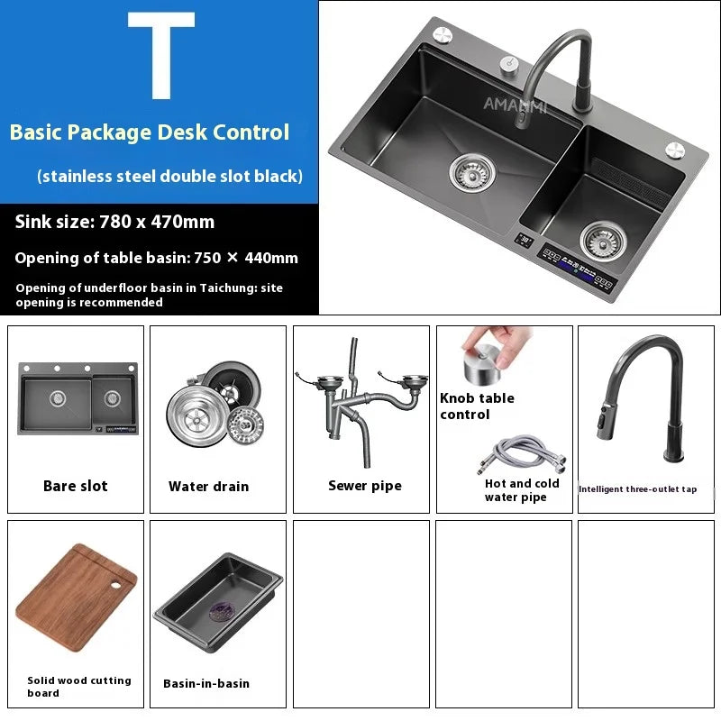 Stainless Steel Smart Water Catalyst Sinks large Double slot Purification Sterilized Fruit Dishwashing Kitchen Sink