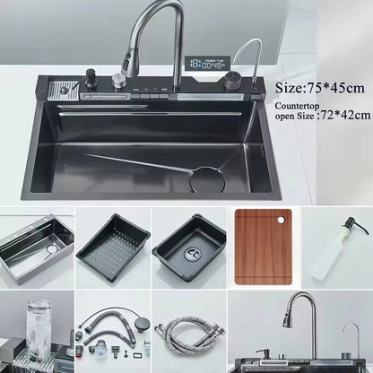 Stainless Steel Kitchen Sink with Hot Cold Pull Out Kitchen Sink Faucets Digital Large Single Bowl Waterfall Rain Kitchen Sinks