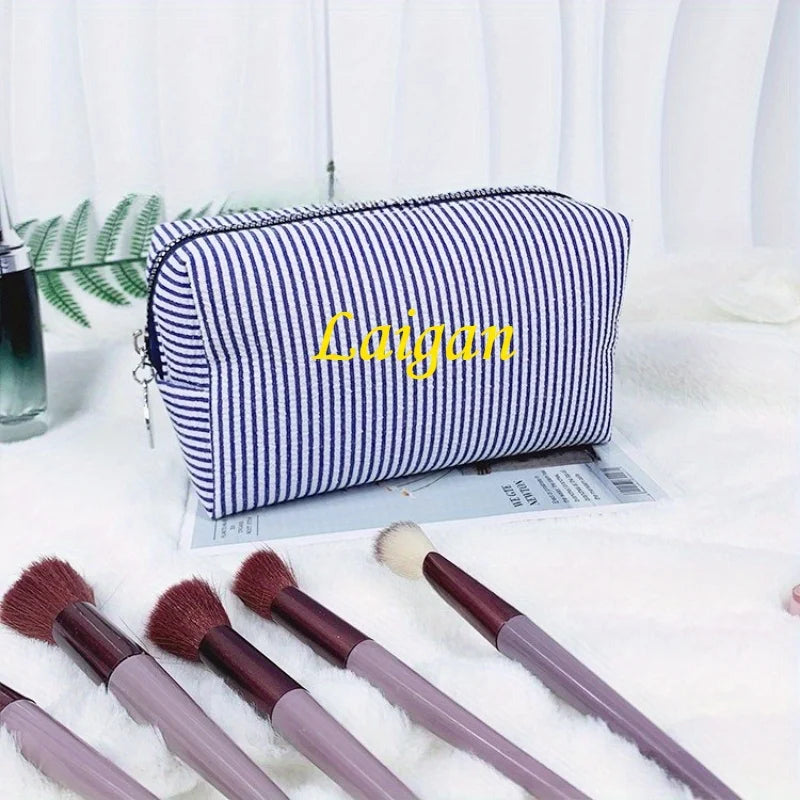 Custom Embroidered Striped Travel Toiletry Bag - Personalized Cosmetic Portable Polyester Storage for Travel School Dorm or Home.