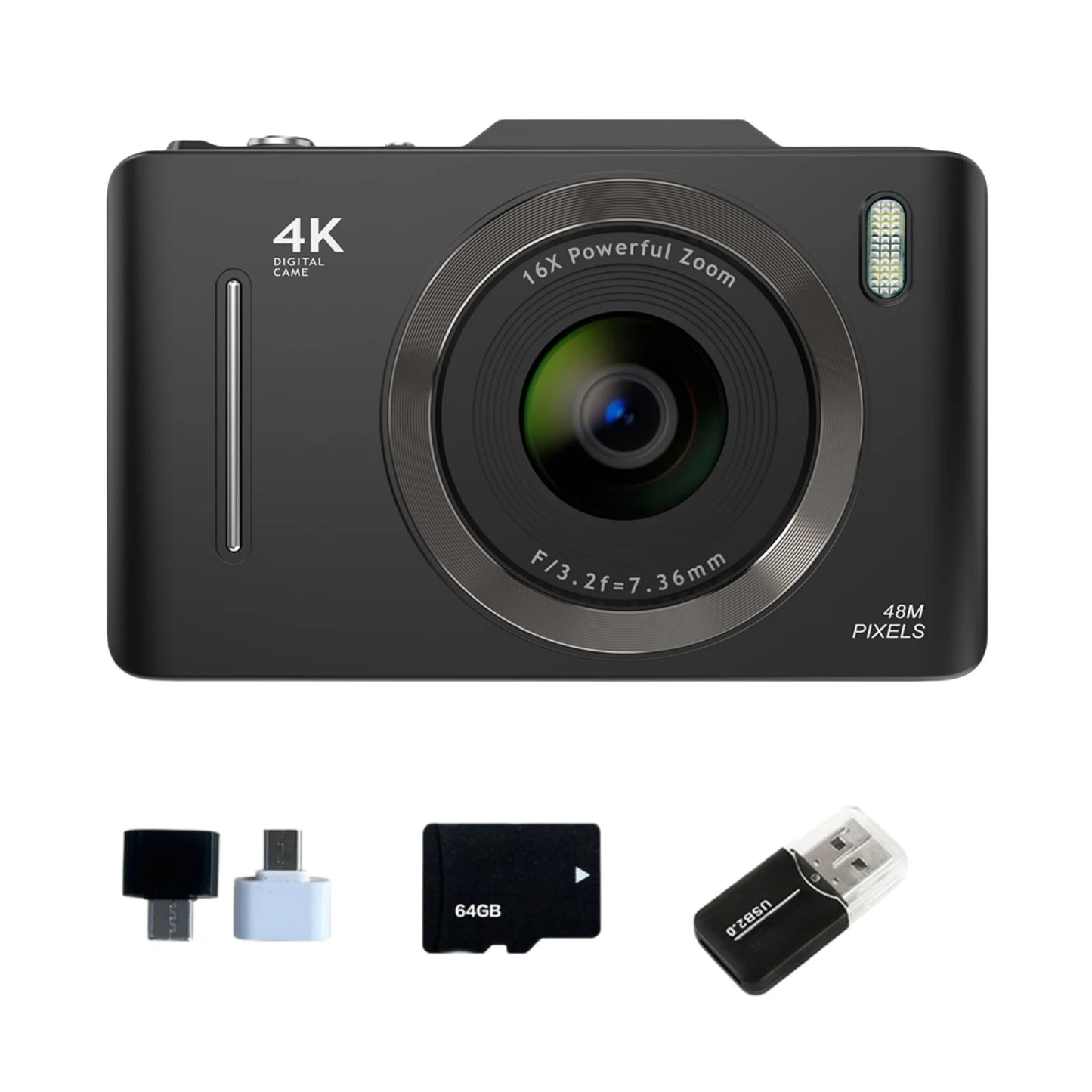 2.8 "digital camera with 64G card, 48MP, 16x zoom, HD video, selfie timer, student camera, USB, for children, students or travel.