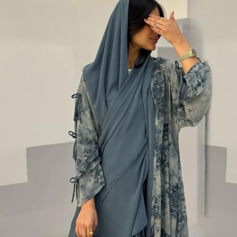 2025 sommer Arabisch Frauen Muslimische Kleidung Ramadan Dubai Offene Abaya Kleid mit Hijab Islam Gedruckt Chiffon 2 Stück Outfit