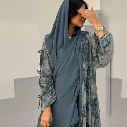 2025 sommer Arabisch Frauen Muslimische Kleidung Ramadan Dubai Offene Abaya Kleid mit Hijab Islam Gedruckt Chiffon 2 Stück Outfit