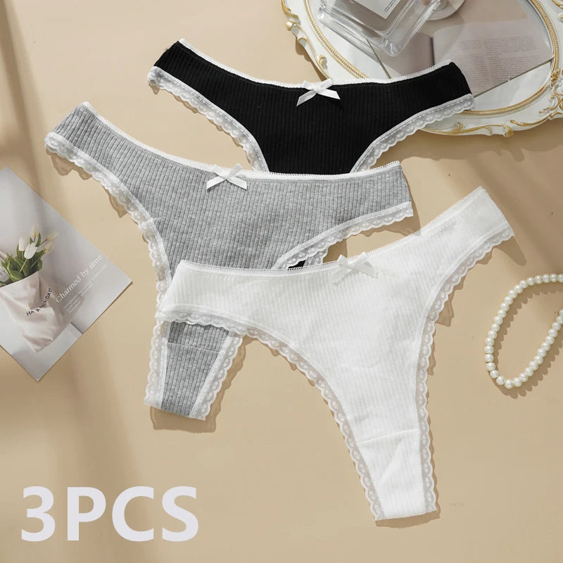 3PCS Sexy Low Waist Panties Women Lace Trim Solid Color Briefs M-XL Breathable Comfortable Lingerie Female Rib Cotton Underwear.