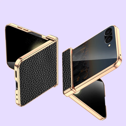 Cowhide Leather Phone Case for Samsung Galaxy Z Flip7 Flip6 Flip5 Flip 7 6 5 Luxury Hinge Protection Cover with Tempered Glass.