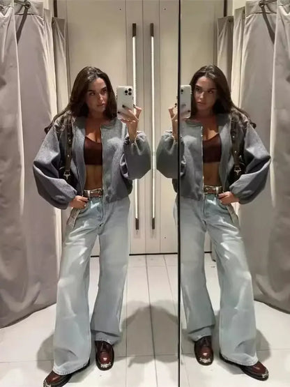 Damen Mode Herbst Winter Jacke Frauen Retro Rundhals Langarm Elastische Saum Zipper Weiche Bomber Jacke Frauen Mantel Weibliche.