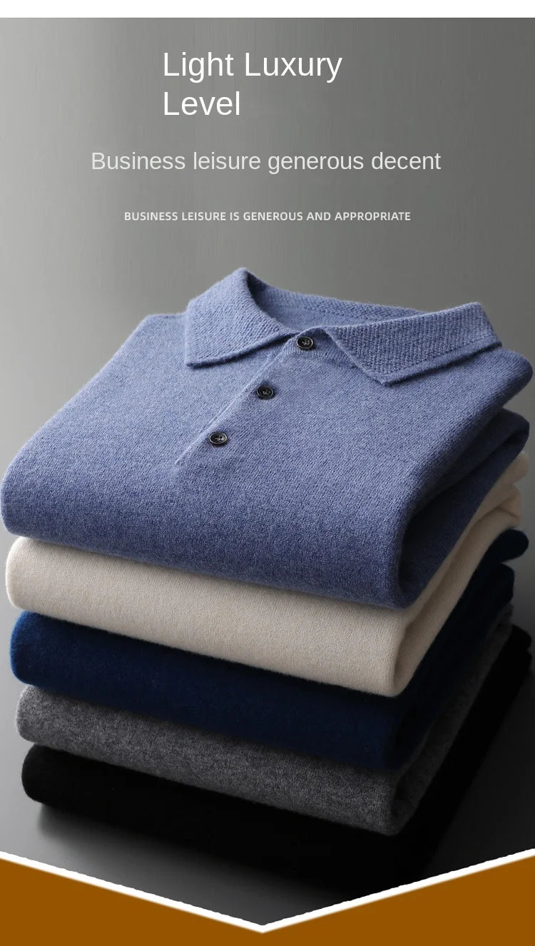 2025 Men's Autumn And Winter 100% Merino Pure Wool Knitted Sweater Men's Business Casual Knitted Polo Collar Pullover Top YJ1815.