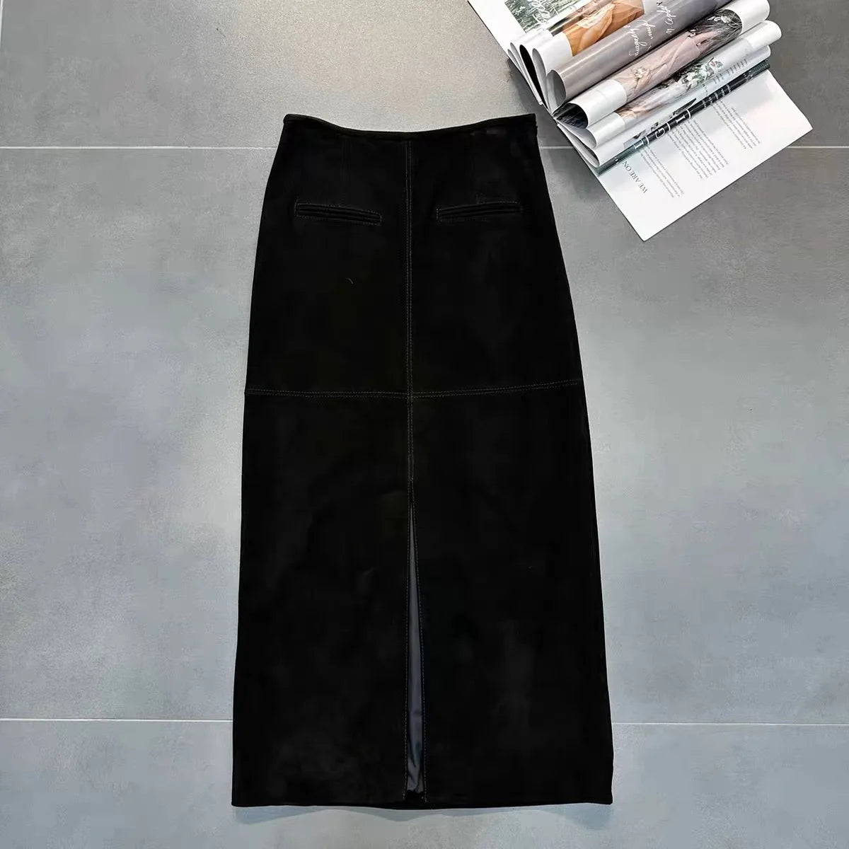 Retro High Grade Suede Real Leather Long Skirt 80cm For Women Upgraded Imported  Jupe Back Split Waist Loop Faldas Ankle-Length