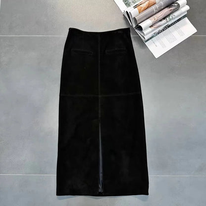Retro High Grade Suede Real Leather Long Skirt 80cm For Women Upgraded Imported  Jupe Back Split Waist Loop Faldas Ankle-Length