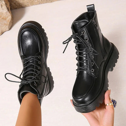Women's Pu Leather Platform Ankle Boots Plus Size 35-42 Lace Up Motorcycle Boots Women Comfort Wide Leg Black Short Booties.