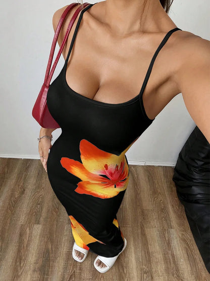 Frauen Floral Bedruckte Spaghetti Strap Slash Neck Maxi Kleid Sommer Backless Sexy Bodycon Strand Urlaub Urlaub Party Lange Dresse.