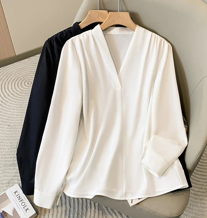 Big Size Women Shirts 2025 Spring Autumn Long Sleeve Office Lady V-Neck Solid Color Blouses Elegant and Youth Woman Tops.