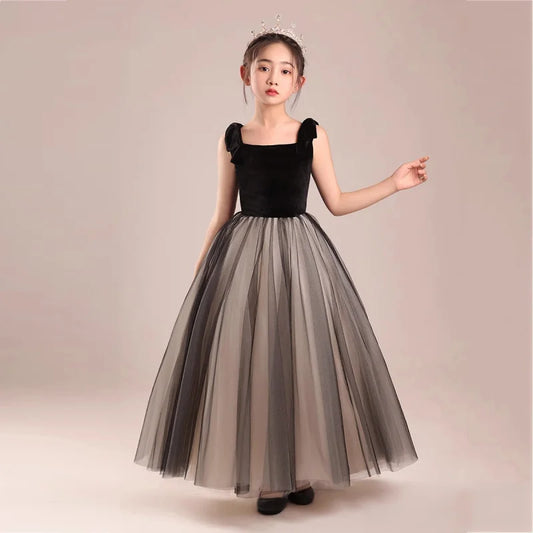 Kinderkleid Mädchen Mode Klavier Violine Performance Kleid Schwarz Samt Mesh Host Chor.