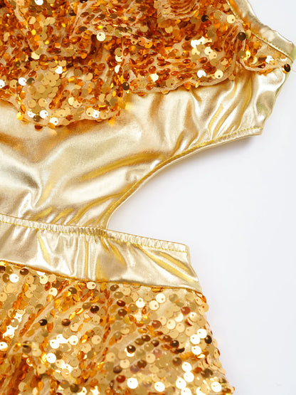 Kinder Mädchen Pailletten Jazz Ballett Tanzkleid Ärmellos Ausschnitt Tiered Rüschen Trikot Salsa Samba Rumba Skating Performance Kostüm.