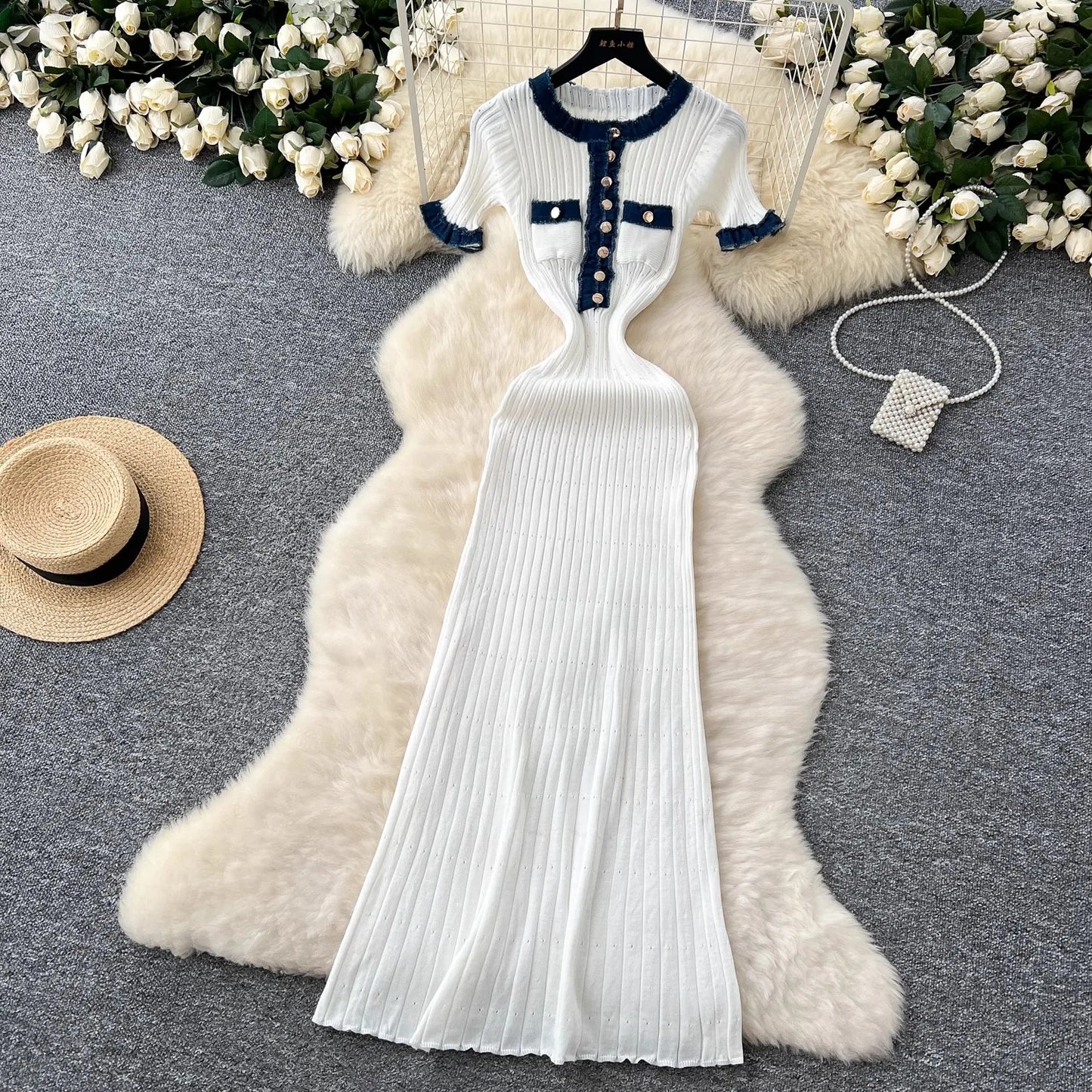 YuooMuoo Chic Mode Sexy Pakete Gestrickte Maxi Kleid Frühling Sommer Vintage Denim Patchwork Lange Pullover Kleid Dame Vestidos.