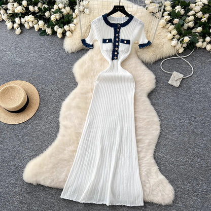 YuooMuoo Chic Mode Sexy Pakete Gestrickte Maxi Kleid Frühling Sommer Vintage Denim Patchwork Lange Pullover Kleid Dame Vestidos.