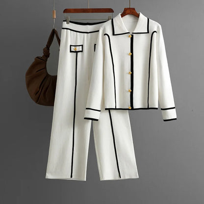 Women Sweater 2 Piece Suit Pullover Knitted Wide Leg Pants Muslim Sets Knitwear Single Breasted 2025 Outfits Autumn Winter.