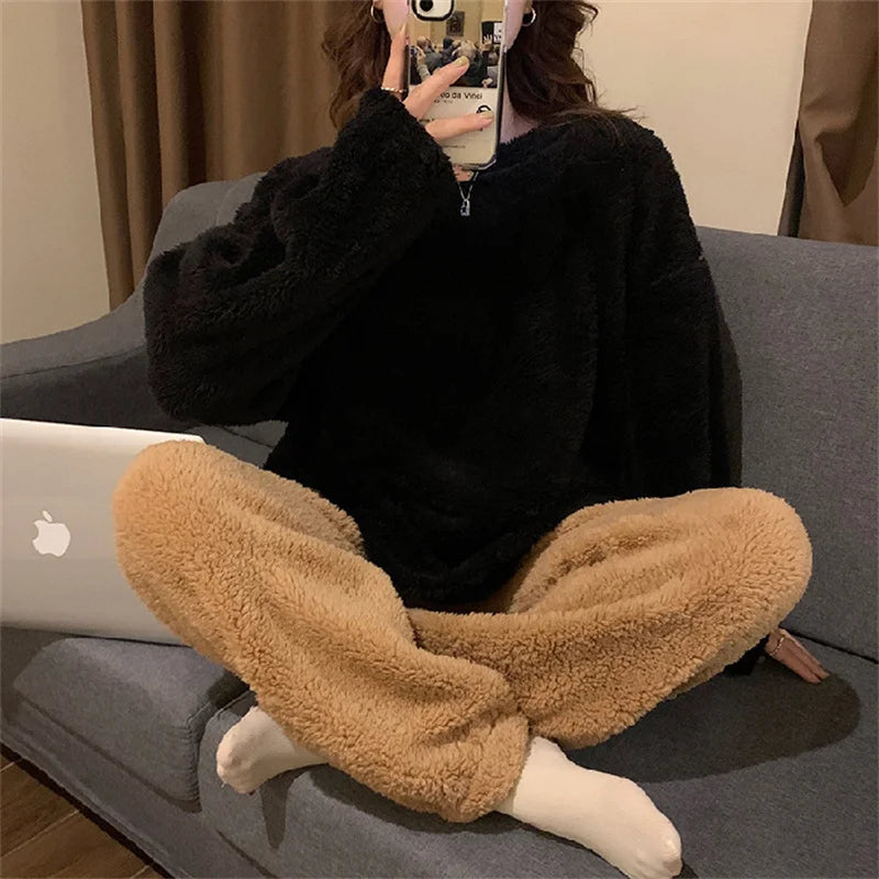 Winter Women Warm Fashion Pajama Sets Sweet   Elegant French Style Girlish Leisure Thicken Flannel Comfort Pajamas