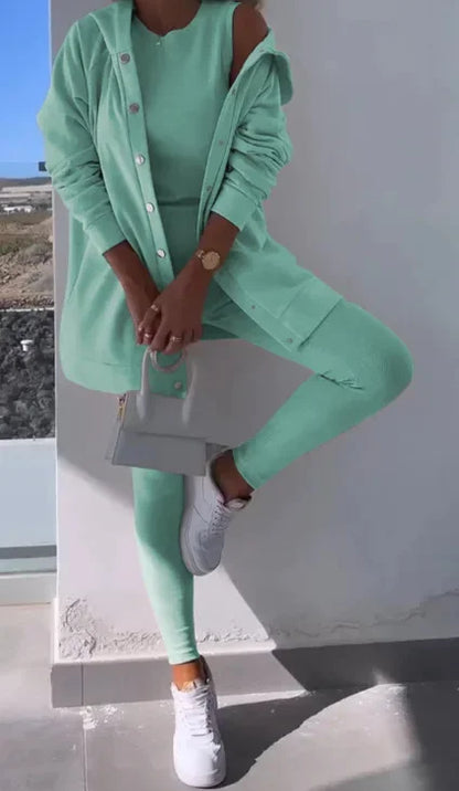 Women 3pcs Clothes Set Solid Color Sports Singel Breasted Shirt Jacket & Sleeveless Cami Tank Top & Slim Skinny Pants.