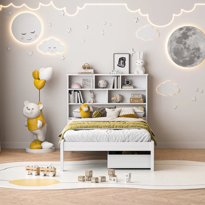 Rosahqnda Massivholz-Bettgestell 90 x 200 cm, Kinderbett mit Schubladen und Kopfteil für Bücher, Einzelzimmer, Weiß