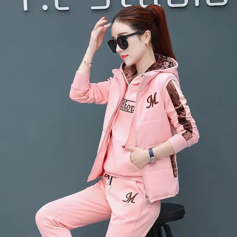 Women's Fashion Plush Thickened Sweat Suit 2025 Autumn Winter New Casual Hooded Tops Waistcoat Pants 3 Three Piece Set For Women