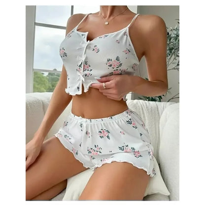 Damen Sexy Pyjamas Herz Wimpern Bedrucktes Pyjama Set V-Ausschnitt Camisole Top Shorts Loungewear.