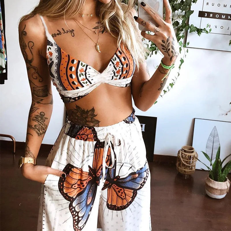 Sexy Two Piece Set Women Outfit 2025 Summer Butterfly Print V-Neck Cropped Top High Waist Drawstring Casual Wide Leg Pants Sets.