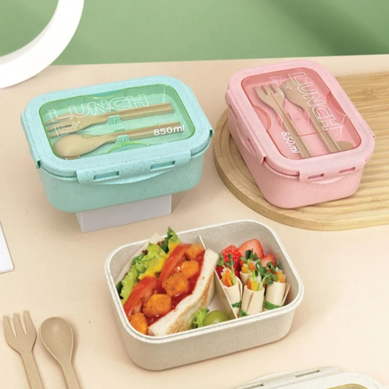 850ml Divided Lunch Box Portable Large Capacity Microwae Bento Box with Fork and Spoon Food Storage Container for School Camping.