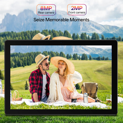 New BAKEN 10-inch Android 15 tablet with 64GB storage, keyboard, leather case, stylus, mouse, Wi-Fi, GPS, Bluetooth.