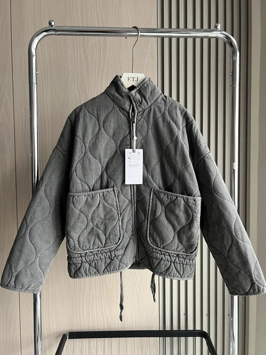 ZW Women's Cotton Jacket  2025 New Arrival Vintage Lenzing Rayon High Collar Large Pocket Decorative Quilted Coat for Women.
