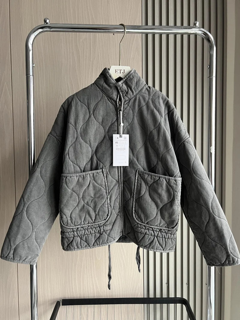 ZW Women's Cotton Jacket  2025 New Arrival Vintage Lenzing Rayon High Collar Large Pocket Decorative Quilted Coat for Women.